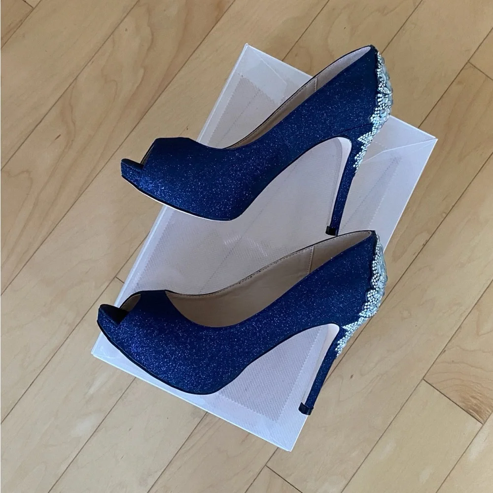 Women's Navy Glitter Peep-Toe Heels with Crystal Accent